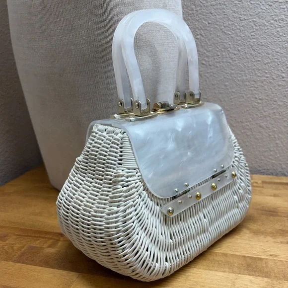 Vtg 50s 60s White Wicker Box Purse Marbled Lucite Lid NSB Japan + Spare Handle - Picture 2 of 10